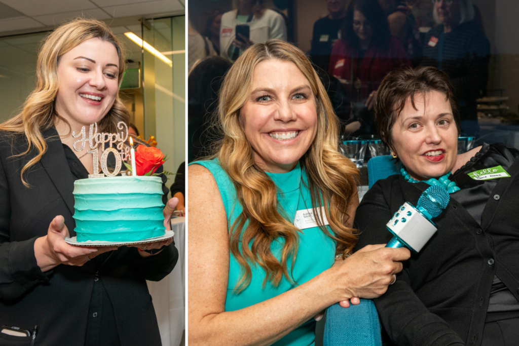 Billing Operations Manager, Yuliya, holds beautiful ombre teal cake from Susie Cakes that is topped with a candle and Happy 10th sign to commemorate our anniversary. Dr. Smith and Dr. Fardin are to the right with a teal microphone as they prepare to give their speeches to event attendees.
