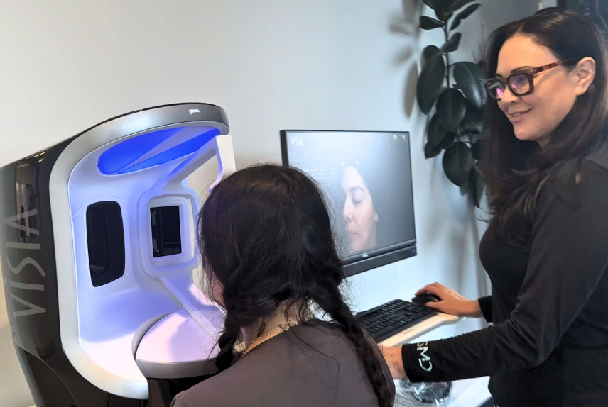 Nurse Carole guiding a patient during VISIA skin analysis imaging at Southern Marin Dermatology