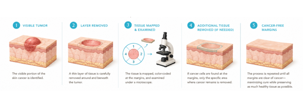 Infographic illustrating how Mohs micrographic surgery removes skin cancer layer by layer through microscopic margin examination while preserving healthy tissue.